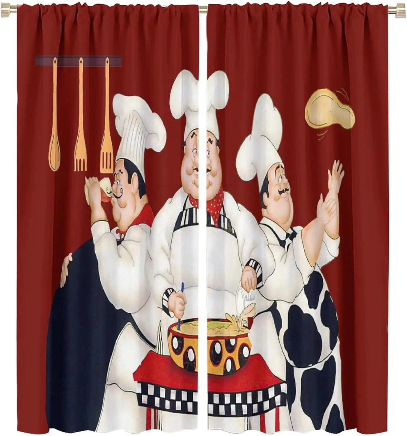 

Chef Kitchen Decor Window Curtains - Three Fat Chefs Style Print for Home, Kitchen, Living Room, Coffee Room - 2 Panels