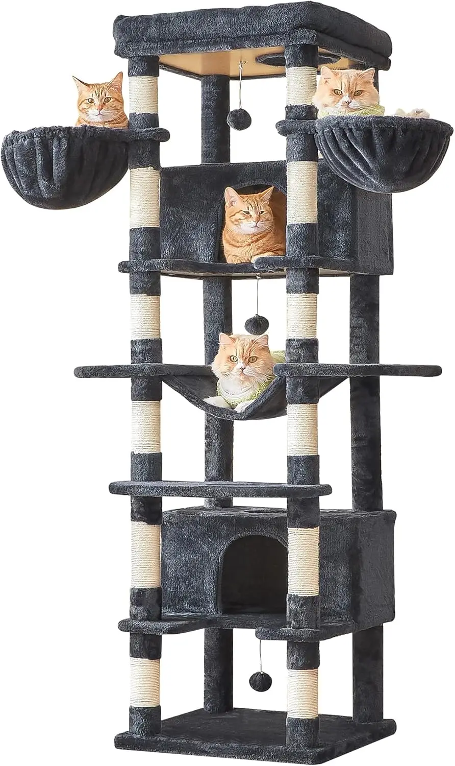 

67.7" Large Cat Tree for Indoor Cats, Multi-Level with 2 Condos, 3 Hammocks, Scratching Posts, Smoky Grey
