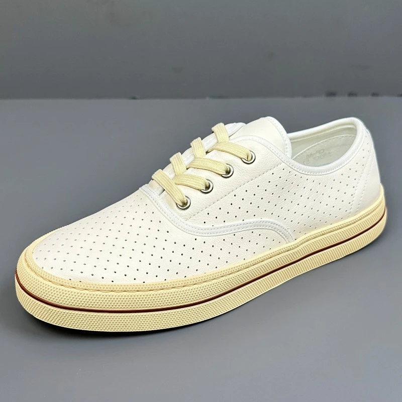 Designer Luxury Sneakers Men's Shoes Summer Breathable Genuine Leather Hollow Out Mesh Casual Fashion Board Shoes Male Flats