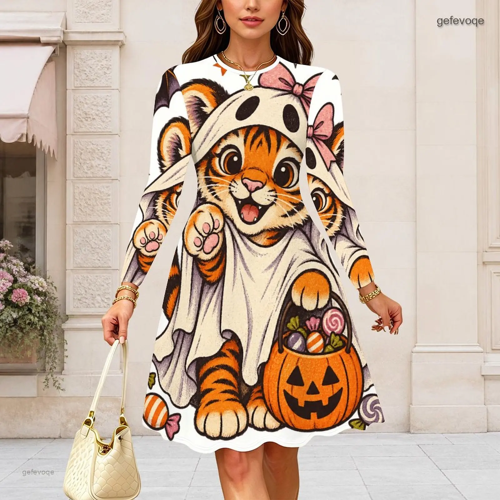 Women Round Neck Long Sleeve Midi Dress Slim Fit Waist A Line Swing Dresses Custom Print Lady Daily Party Dress