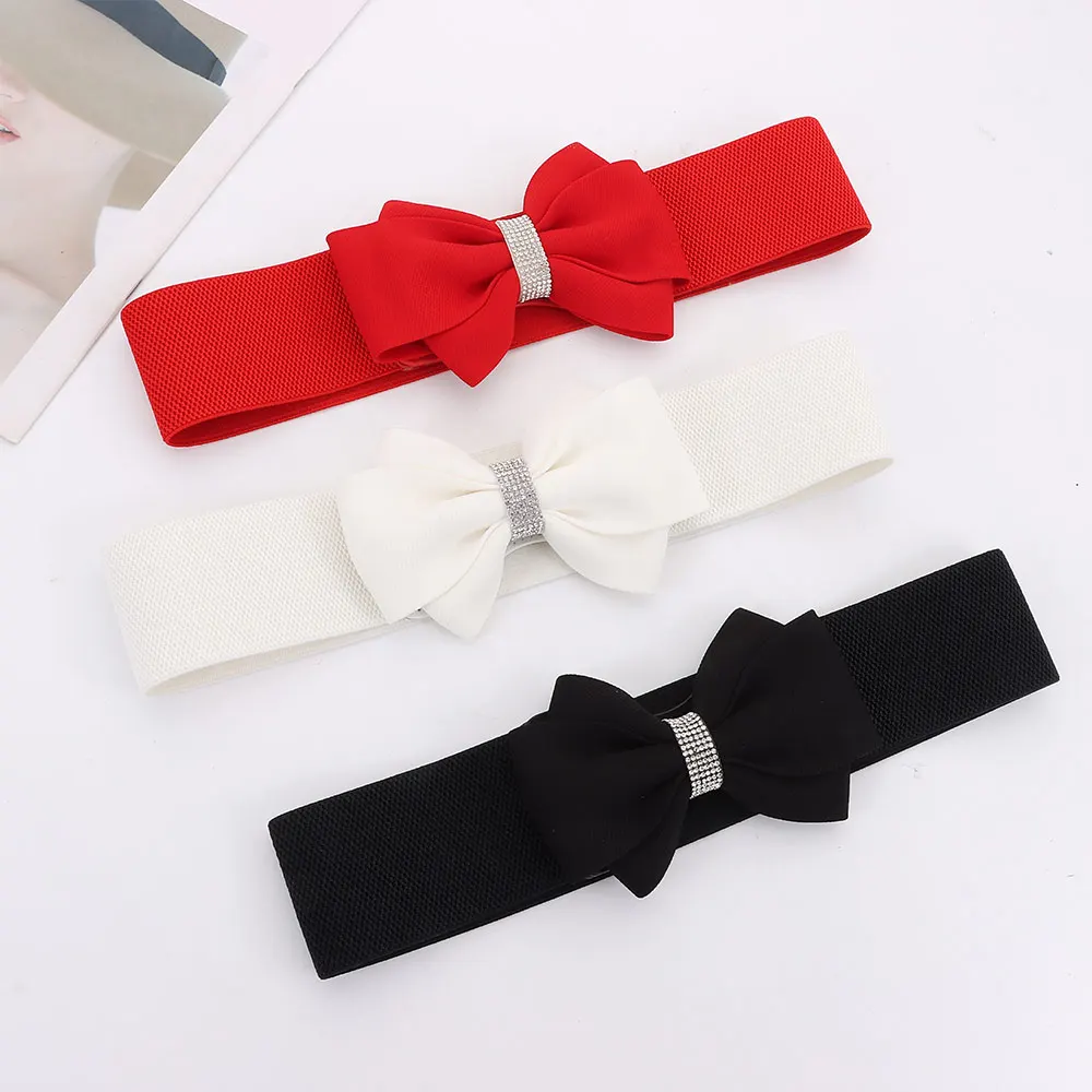 Fashion Adjustable Buckle Women's Elastic Wide Belt Plus Size Solid Color Bowknot Waistband Elastic Bow Belt for Dress Jeans