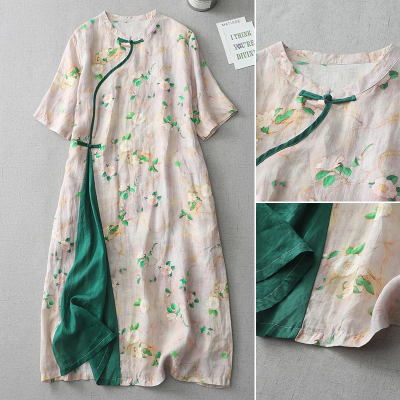 New Chinese Sle Cotton Linen Summer Dr High Waist ort Sve Printed Modified Version Split Color  Hanfu