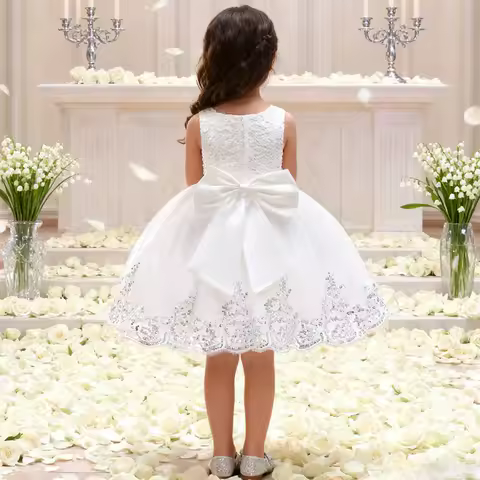 Baby Girl Clothes Lace Wedding Dress White Dress For Girls Sequin Evening Dress Baptismal Costume Children First Communion Gown
