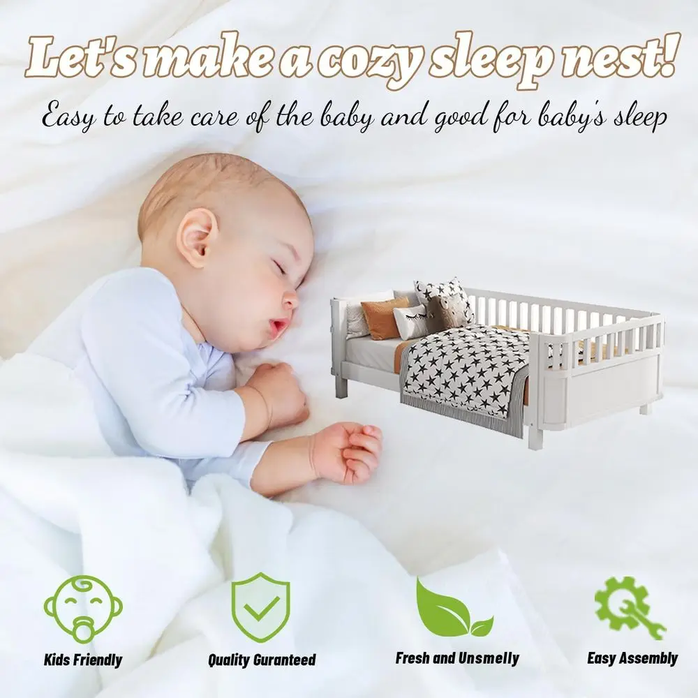 إطار سرير مزدوج من مونتيسوري للأطفال، سرير نهاري خشبي مع قضبان، مناسب للفتيات والفتيان، لا حاجة إلى صندوق زنبركي، أبيض،