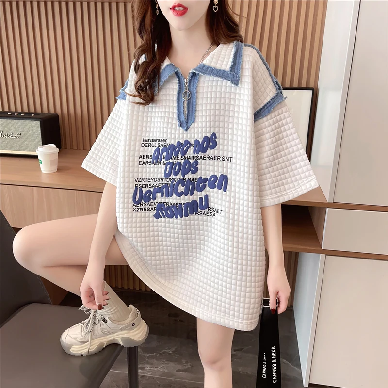 

Waffle short sleeve T-shirt women's summer dress Korean version of loose large size in the long design sense of niche lapel top