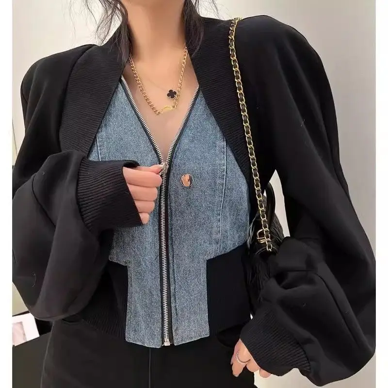 

Retro Short Jacket Women Black Denim Patchwork Long-Sleeved Fake Two-Piece Design Zipper Jacket 2024 Autumn New Style