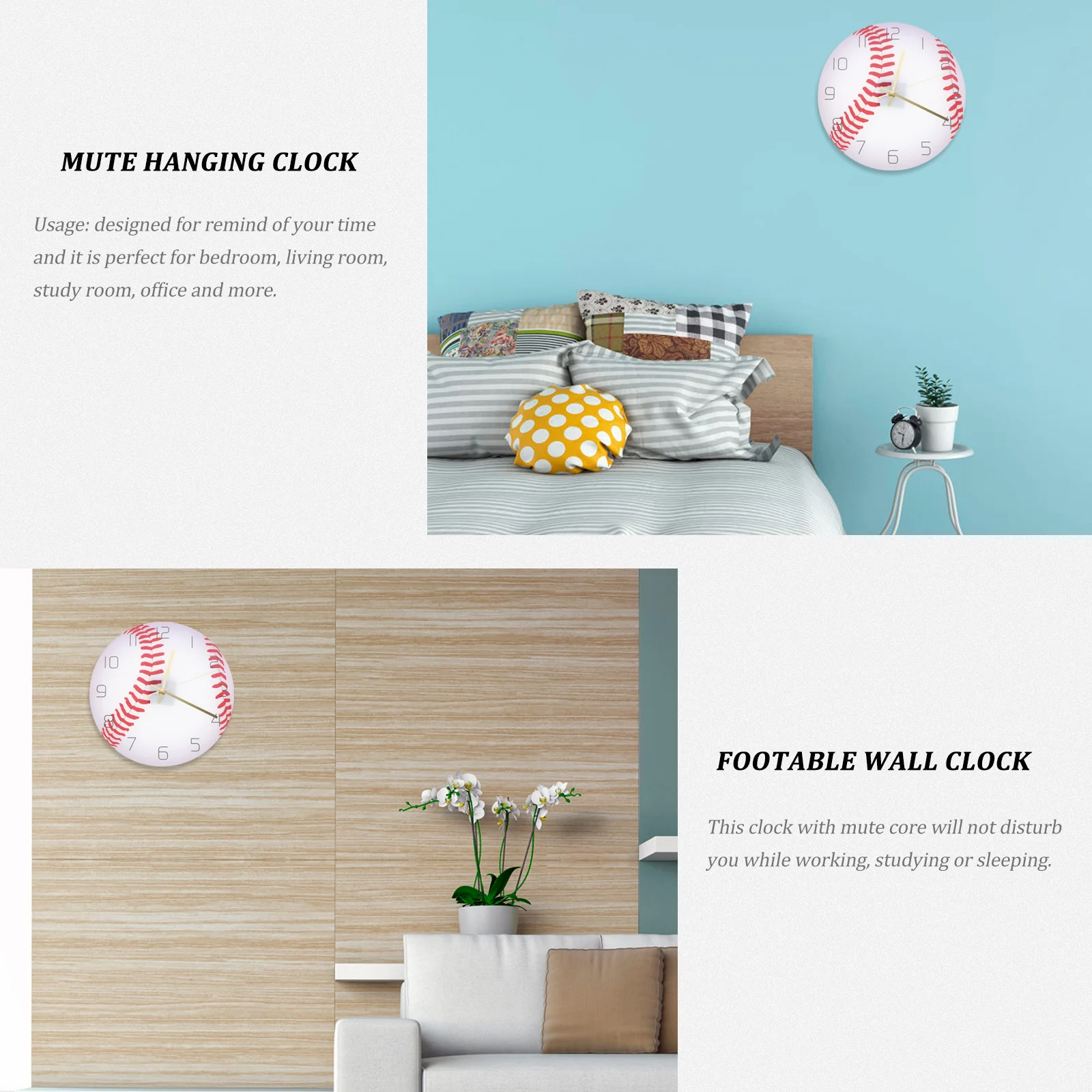 

Baseball Design Wall Clock Acrylic Material Large Arabic Numerals Mute Movement Bedroom Living Room Study Office Decorative