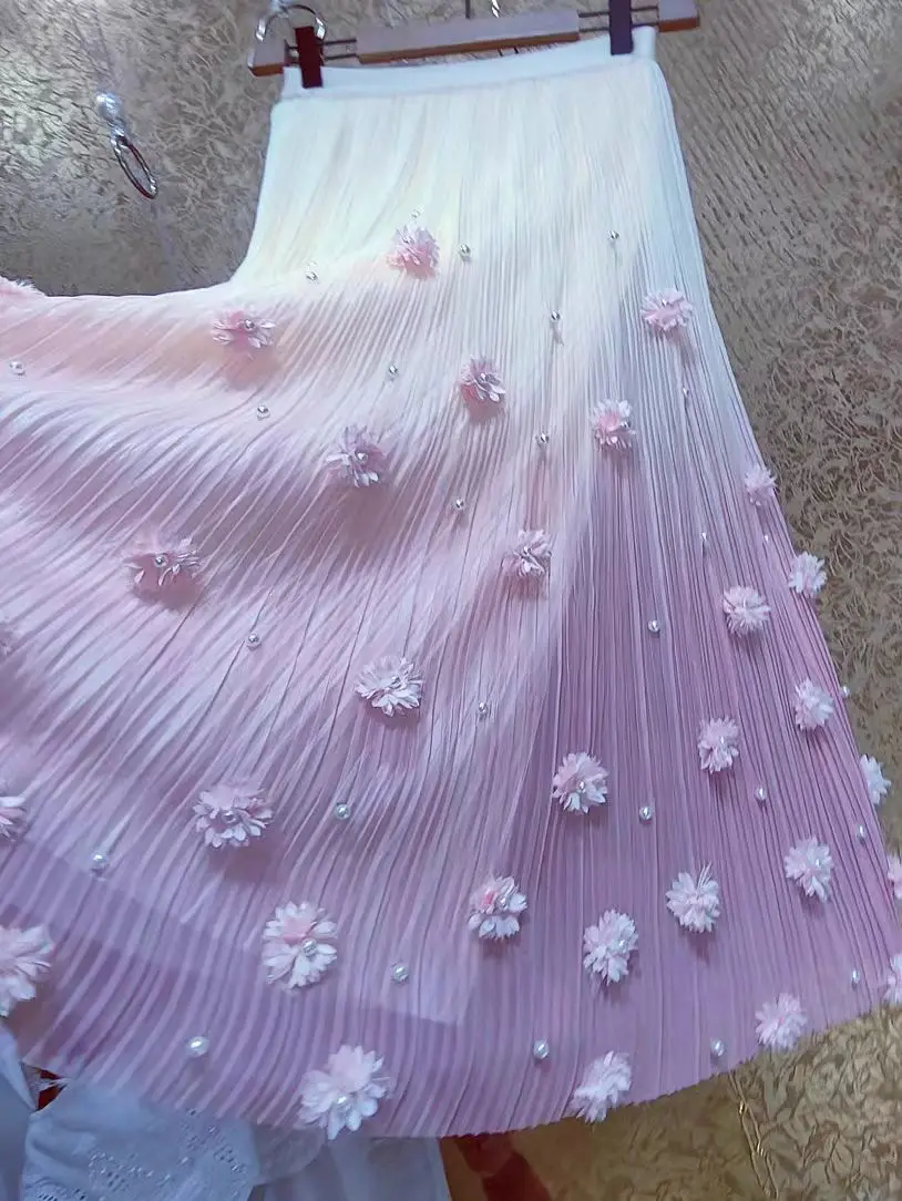 High-end Two Sides 3D Flowers Stitch Big Swing Skirts Womens 's Sweet Gradient Pink Long Skirt 2025 Trend Pearls Pleated Skirt