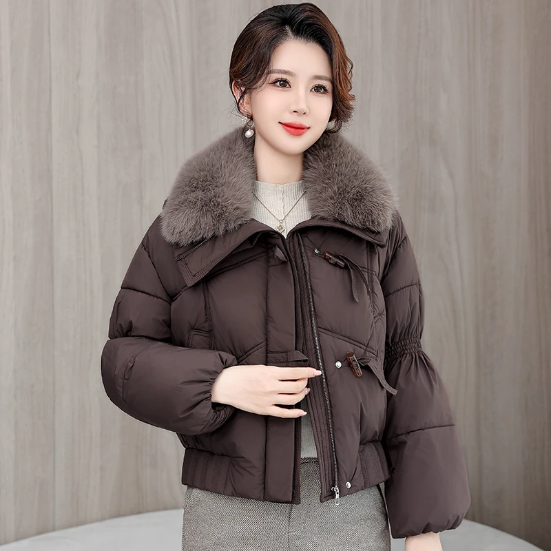 

Winter Female's Quilted Jacket Waist-cinching Faux Fur Trimmed Hood Coat For Lady Women's Thickened Short Top