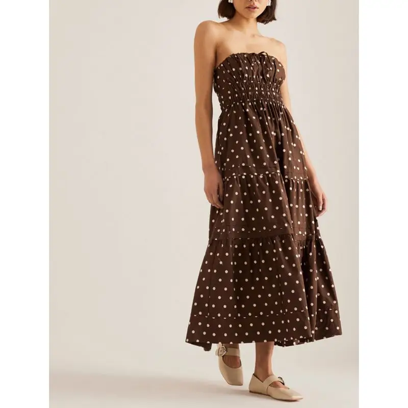 Combhasaki Vestido largo sin tirantes con estampado de puntos/color sólido con cordón frontal ahumado sin espalda y corte en A fluido con bolsillos