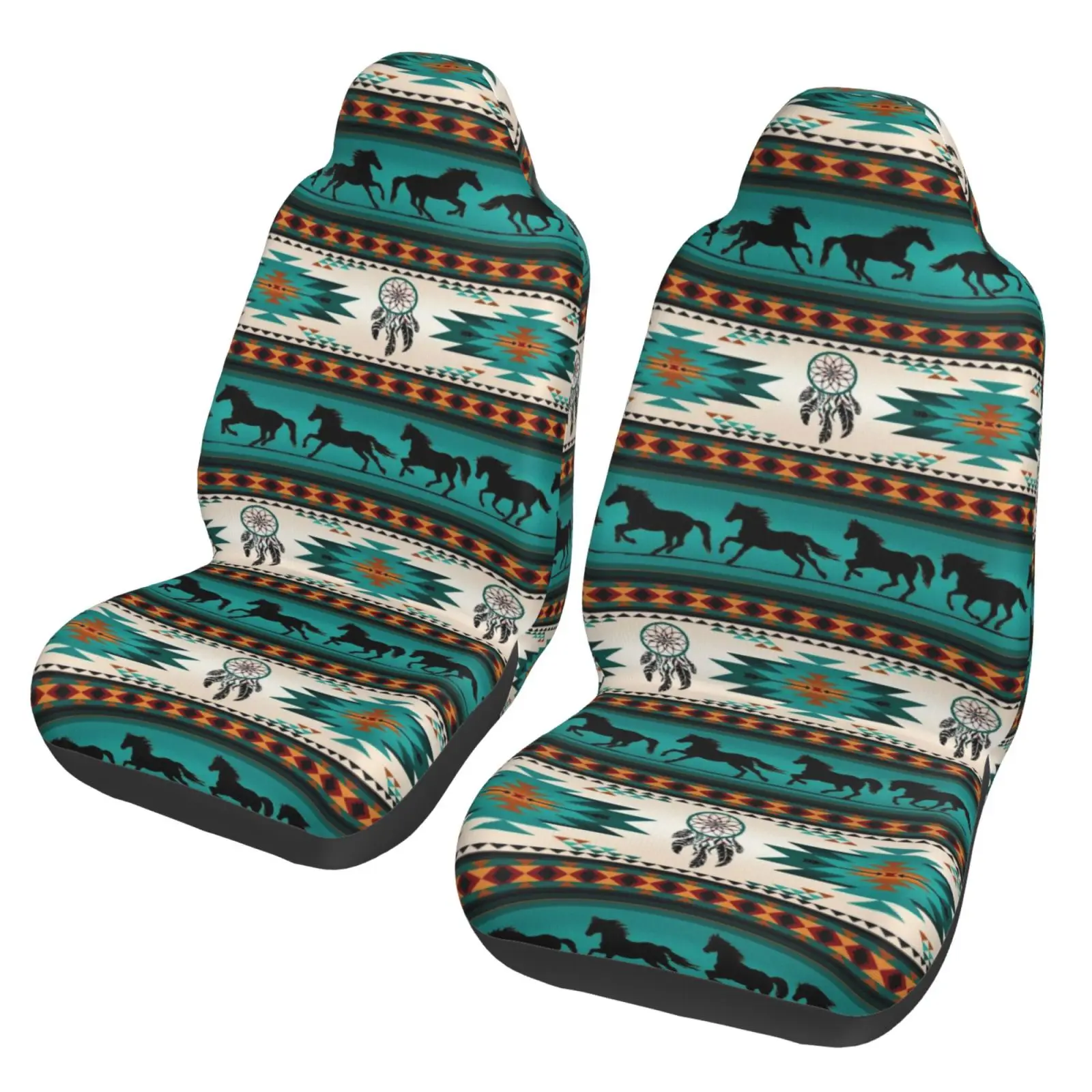 Tribal Style and Ethnic Style Horse Pattern Car Seat Covers Suitable for All Car Seat Protective Covers 2 Pieces