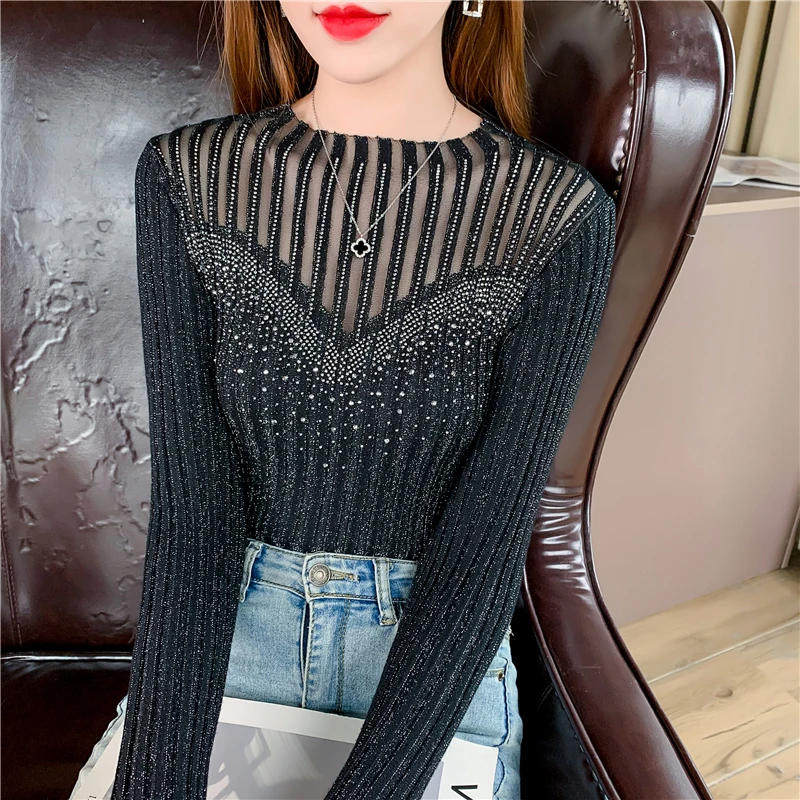 

Ladies Mesh Stitching Nail Bead Pullover Sweater Women Clothing Girls Autumn Casual Knitwear Female Woman OL Sweaters BPy2607