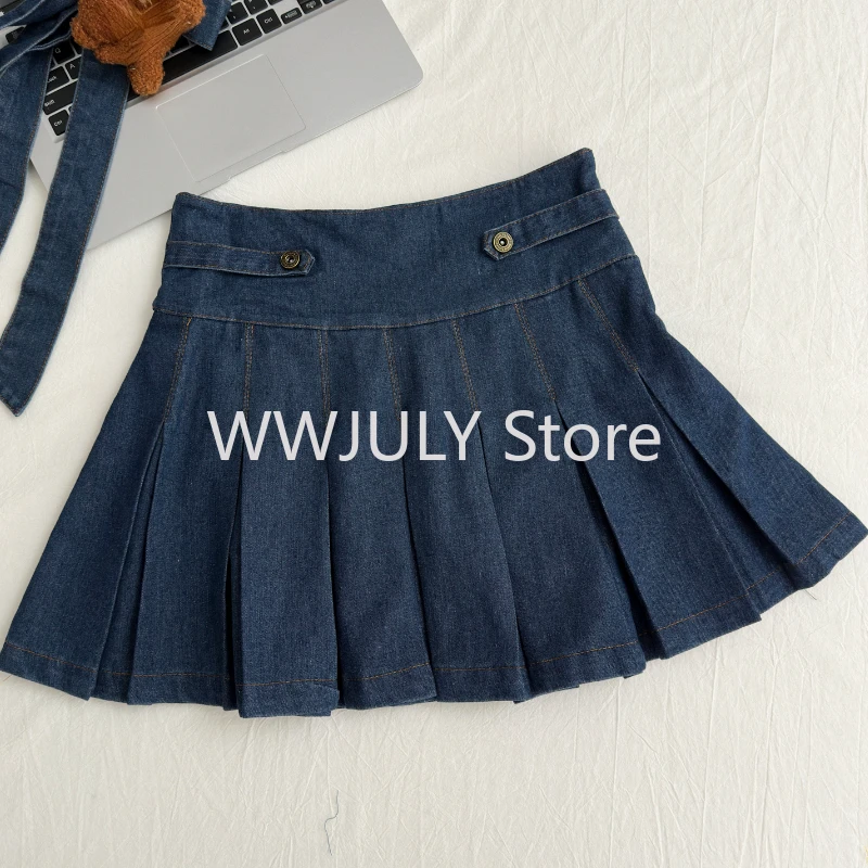 Woman 2000s Vintage Denim Two Piece Skirt Sets Long Sleeve Short Tops + High Waist A Line Pleated Mini Skirt Korean 2024 New