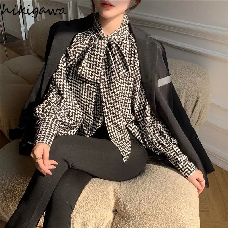 Fashion Plaid Shirts for Women Stand Neck Bandage Bow Lantern Sleeve Blouses Korean Vintage Loose Tops 2024 Camisas De Mujer