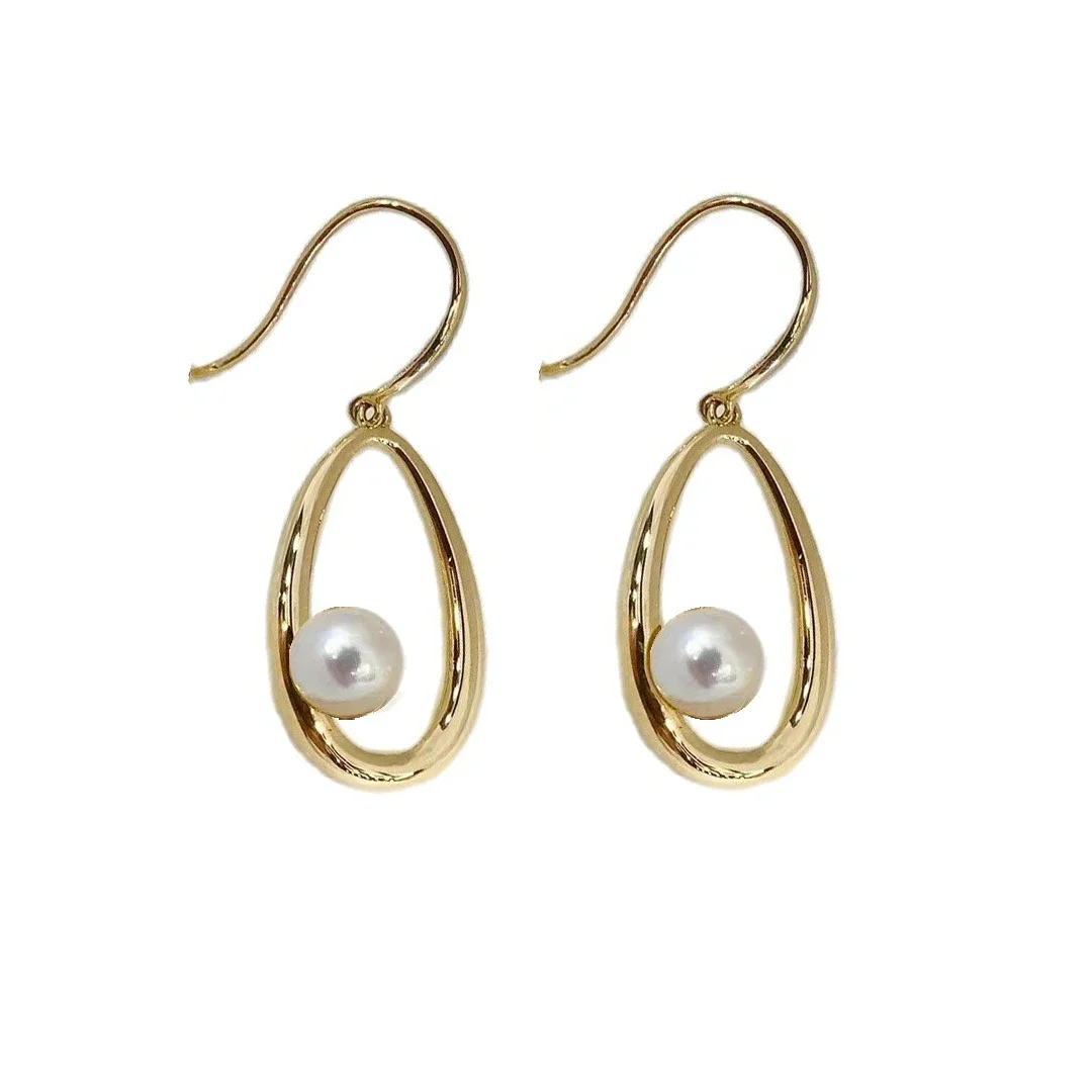 DSHIJOJ 5mm-6mm Freshwater Pearl Women Earrings 18K Gold Long Hook Dangle Earrings Au750 Stamp