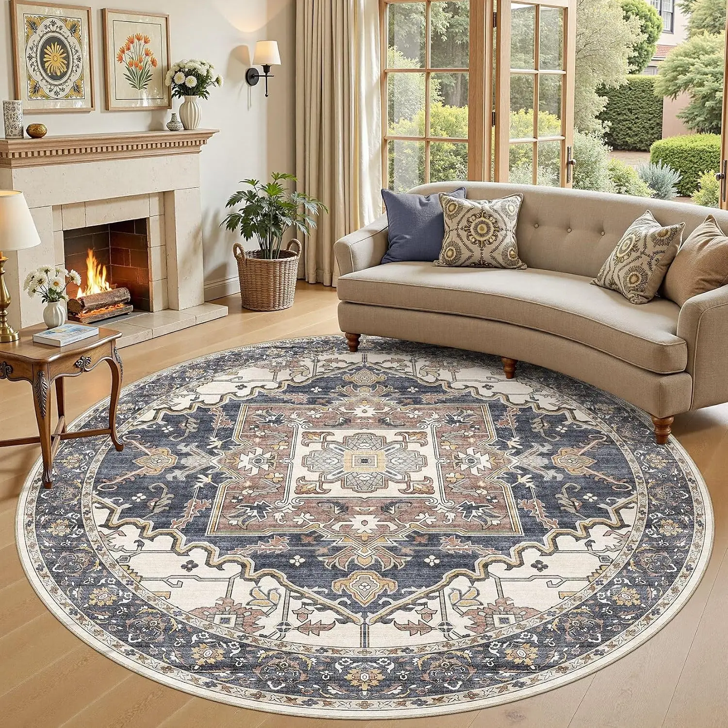 Stylish Large Round Polyester Area Rug Traditional Persian Pattern Oriental Living Room Carpet Decor Synthetic Fiber Floor Mat A