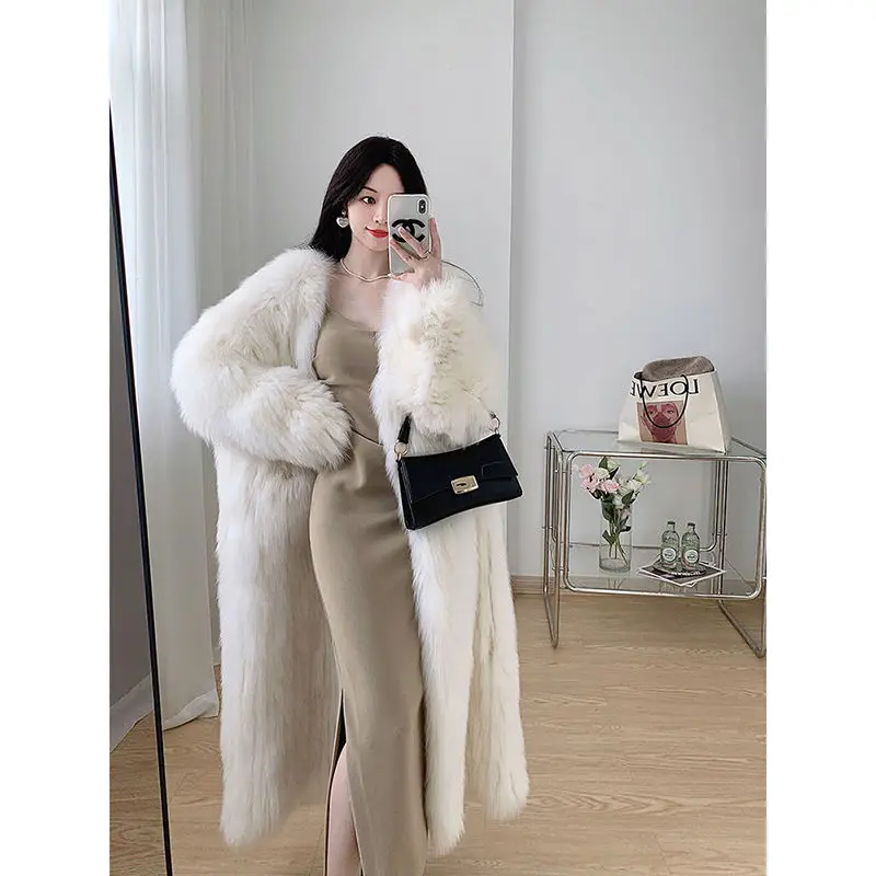 Women\'s Beige Long Outerwear, Warm Fur Coat, Thick Clothing, New Lady Top, Winter, 2024