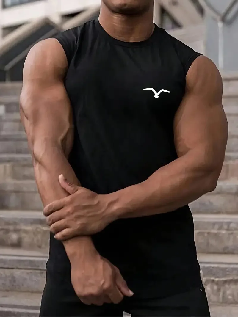 Men's tank top sleeveless round neck T-shirt for daily sports and fitness, fashionable round neck breathable short sleeved T-shi