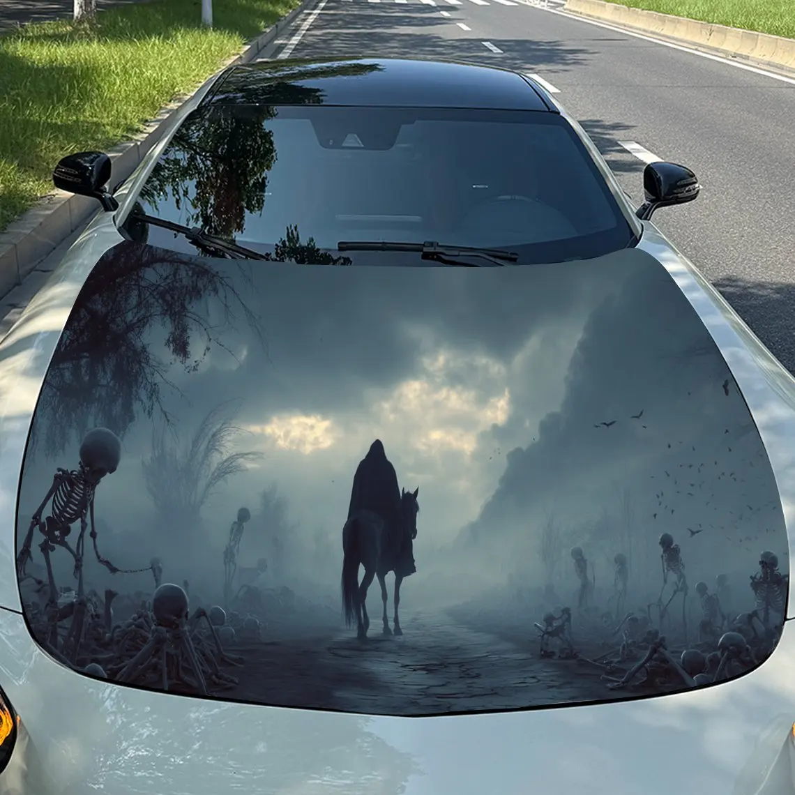 

Наклейка на автомобильную крышку Eerie Grim Reaper Skull Landscape, водонепроницаемая и самоклеящаяся наклейка на капот автомобиля, виниловые обертывания для автомобиля Cool Car E