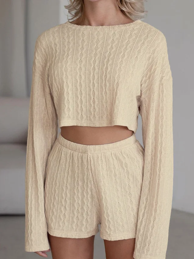 Pink Knitted Long Sleeve round Neck Home Clothes Set Comfortable Skin-friendly Women's Sleepwear Two-piece Suite Casual Style