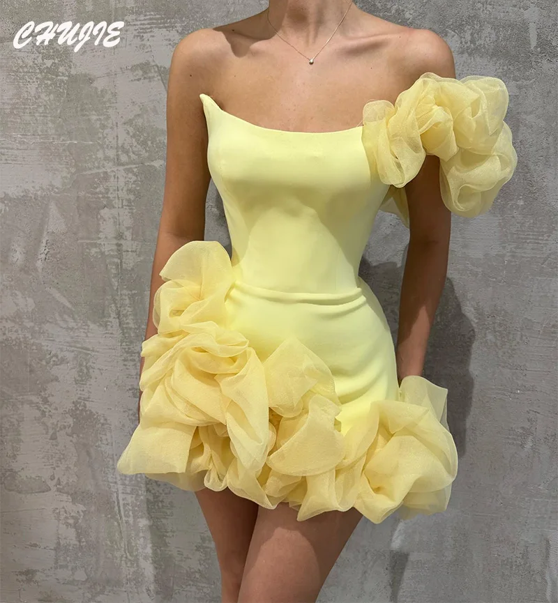 

Yellow Tulle Flowers Mini Prom Dress One Shoulder Graduation Dress Evening Gowns Customized Mermaid Party Cocktail Dresses