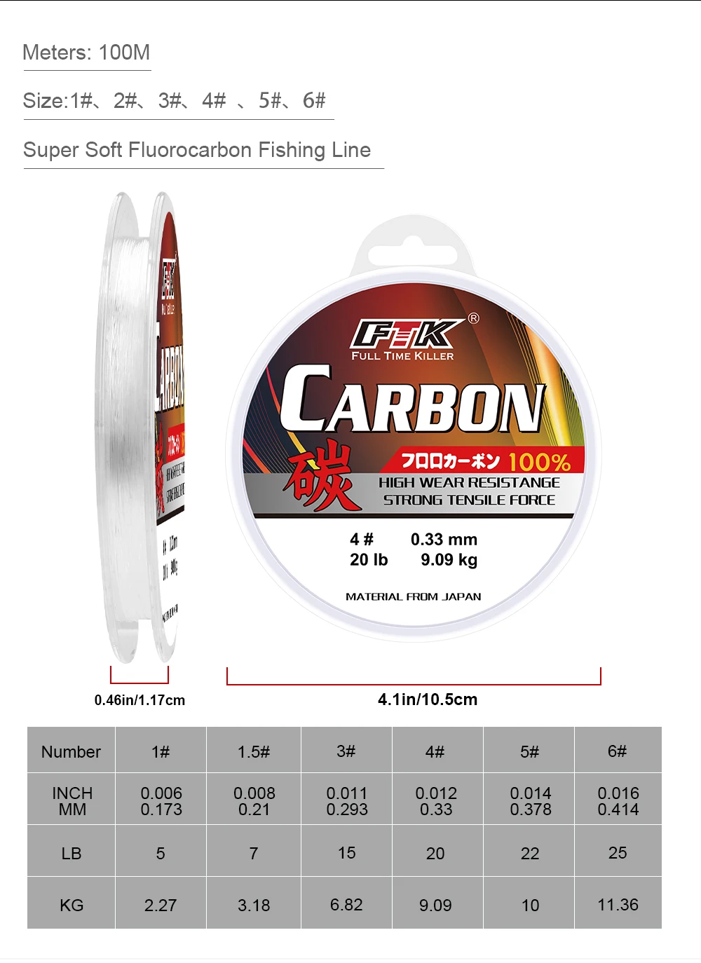 FTK 100 m 100 % Fluorkohlenstoff-Angelschnur, japanische importierte Kohlefaserschnur, 2,27–11,36 kg, sinkende Monofilament-Schnur, Meeresangeln – Detail 4