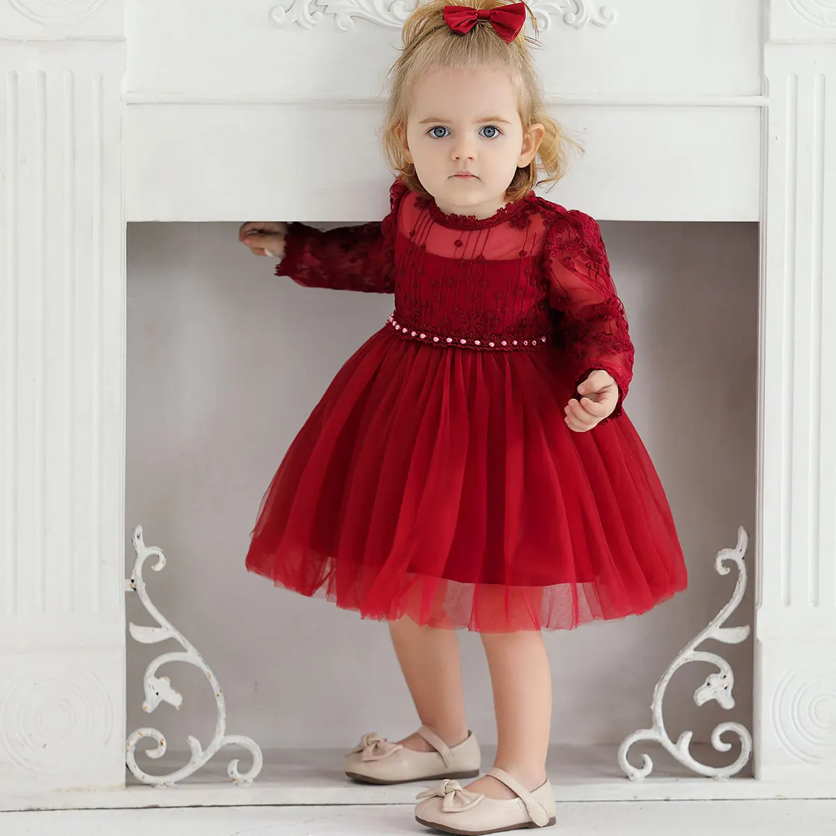 Girls Christening Gown Red Lace Baby Tulle Long Sleeve Dress Wedding Birthday Tutu Formal New Year Party Clothes 0 1 2 Years