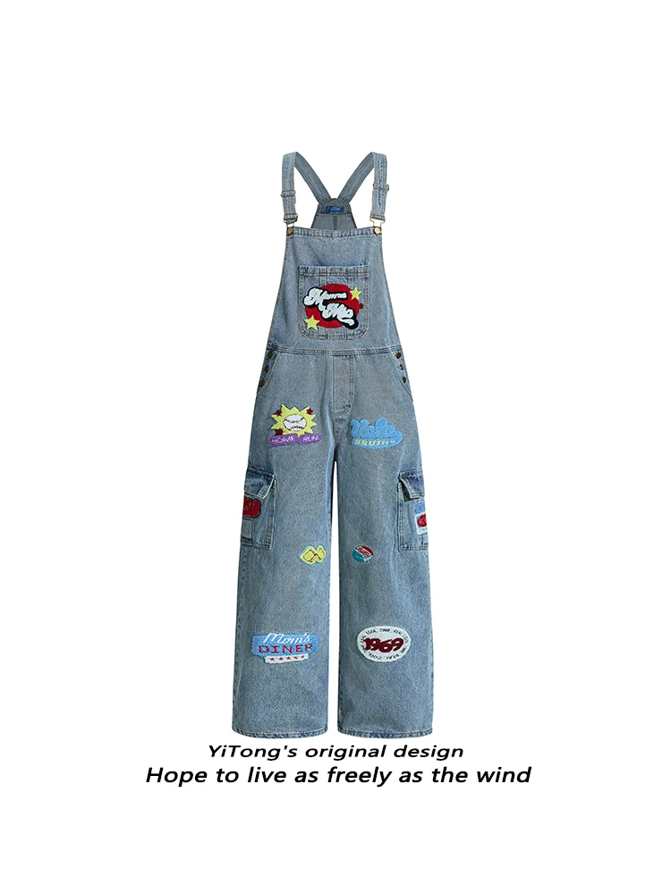 

Джинсовые комбинезоны с вышивкой в стиле ретро Bae, женские свободные утягивающие широкие комбинезоны, удобные хлопковые прямые брюки-трубы