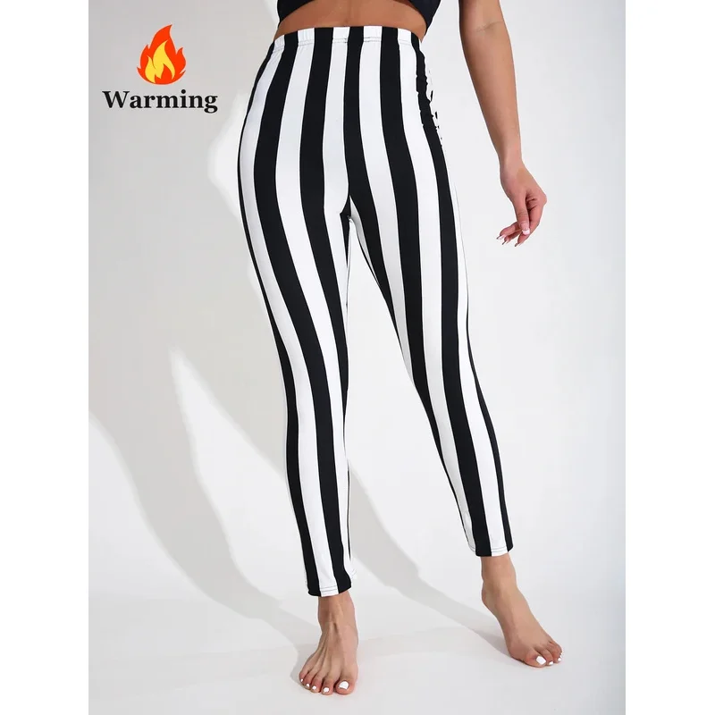 

Autumn Winter 1PACK Women's Black White Thick Strip Velvet Thickened Sexy Tight Legging Casual Sports Elegant Fitness Yoga Pants