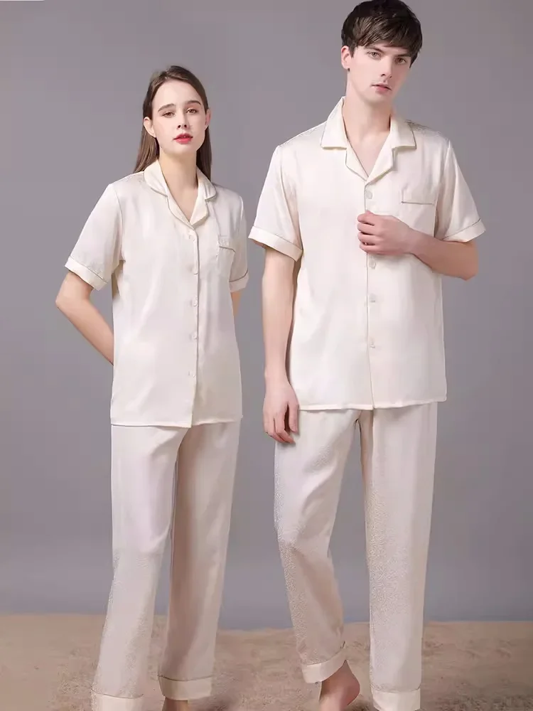 

Solid Red Couple Pure Silk Short Sleeve Pajama Sets For Men And Women Luxury Jacquard Ivory 100% Mulberry Silk Matching Pajamas