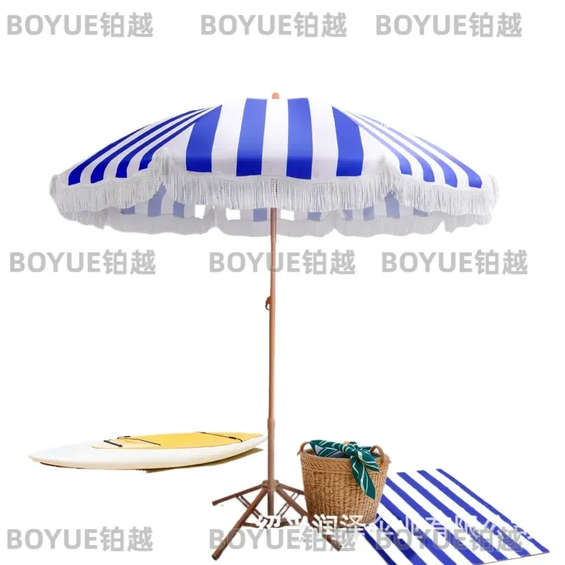Fringed Beach Umbrella Striped Sunshade for Poolside Terrace Outdoor Patio Garden Shade Parasol Summer Vacation Decor
