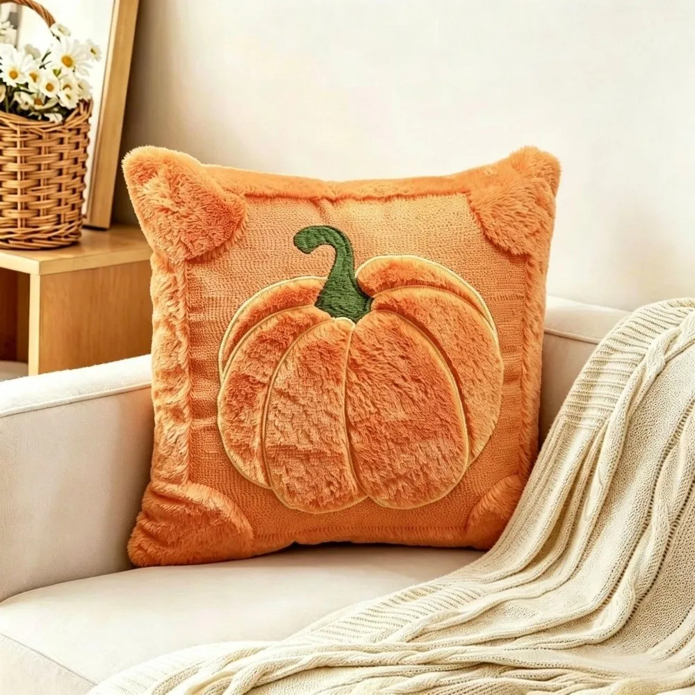 18x18 Inches Throw Pillow Covers Pumpkin Pattern Soft Fabric Faux Wool Cushions Faux Wool Material Quilting Design Pillowcase
