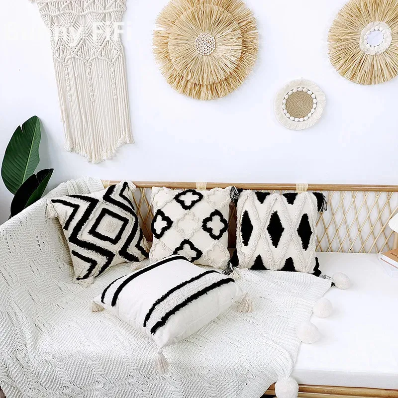 

Черный, бежевый, тафтинговый чехол для подушки в стиле бохо, 4, декоративная наволочка с угловой бахромой, 45X45/30X50 см, домашние декоративные подушки для дивана
