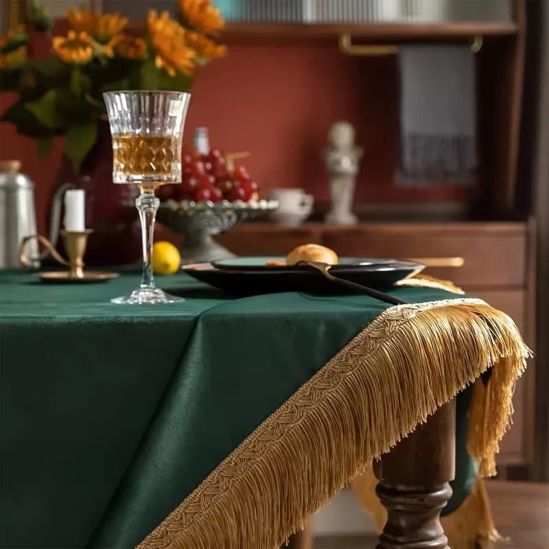 1pc Dark Green Velvet Tablecloth with Gold Tassel, Solid Table Cover for Dining Table Wedding Party Home Decor