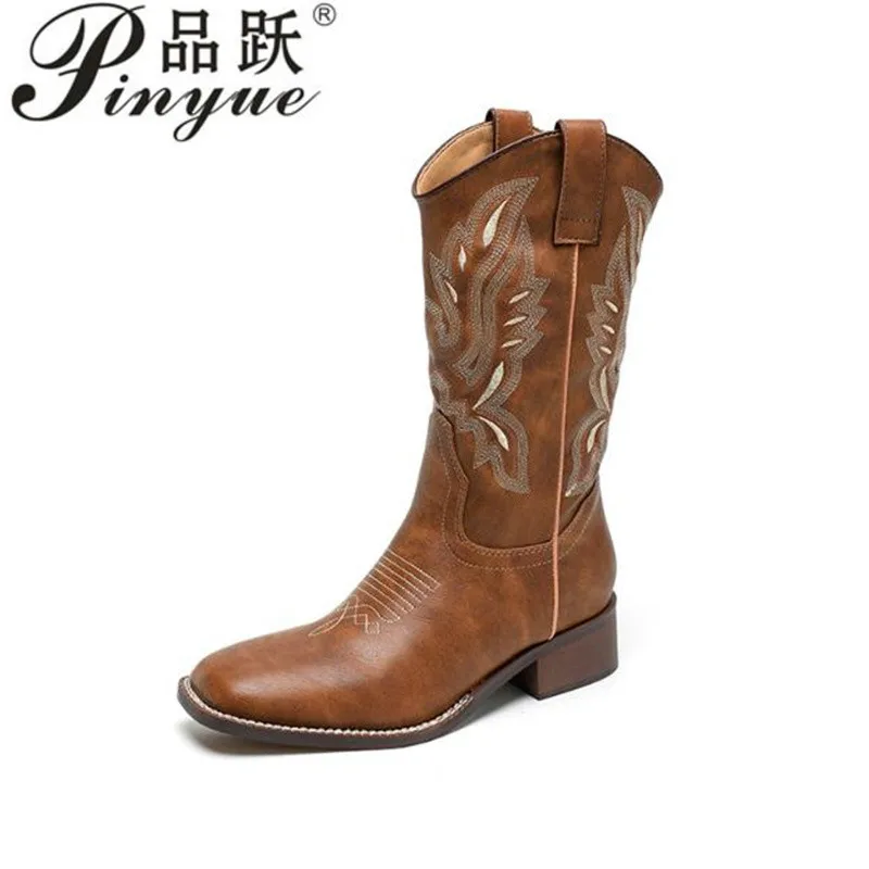 

Женские ботинки в стиле вестерн 4 см, осенне-зимние модные ковбойские сапоги на массивном каблуке, винтажный стиль, сапоги на высоком каблуке в стиле кантри в стиле вестерн