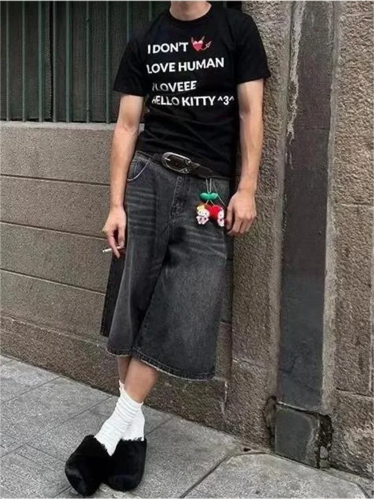 هوتشو Y2k خمر السراويل السوداء امرأة فضفاض Harajuku شورت جينز كبير الحجم الشارع الشهير الكورية نمط عالية النار الدنيم السراويل الصيف