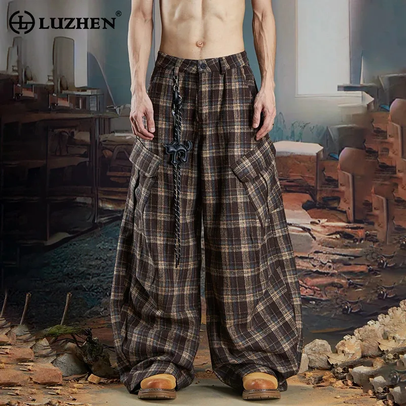 

LUZHEN Plaid Printed High Quality Handsome Loose Casual Pants Men's 2025 New Fashion Wide Leg Trousers Original Clothes JY4202