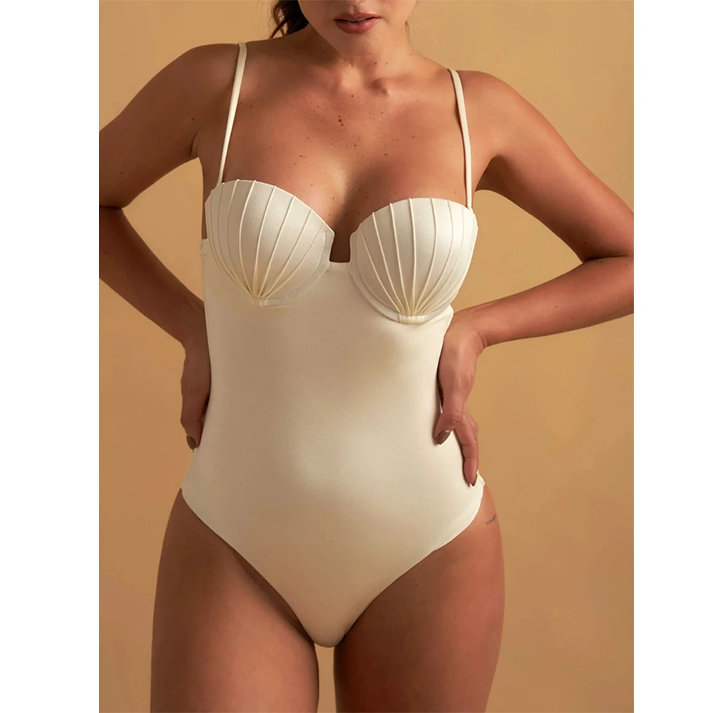 Bikini blanco Sexy para mujer, traje de baño con sujetador texturizado en forma de concha, sin tirantes, cintura baja, con cordones, microbikini triangular, 2024