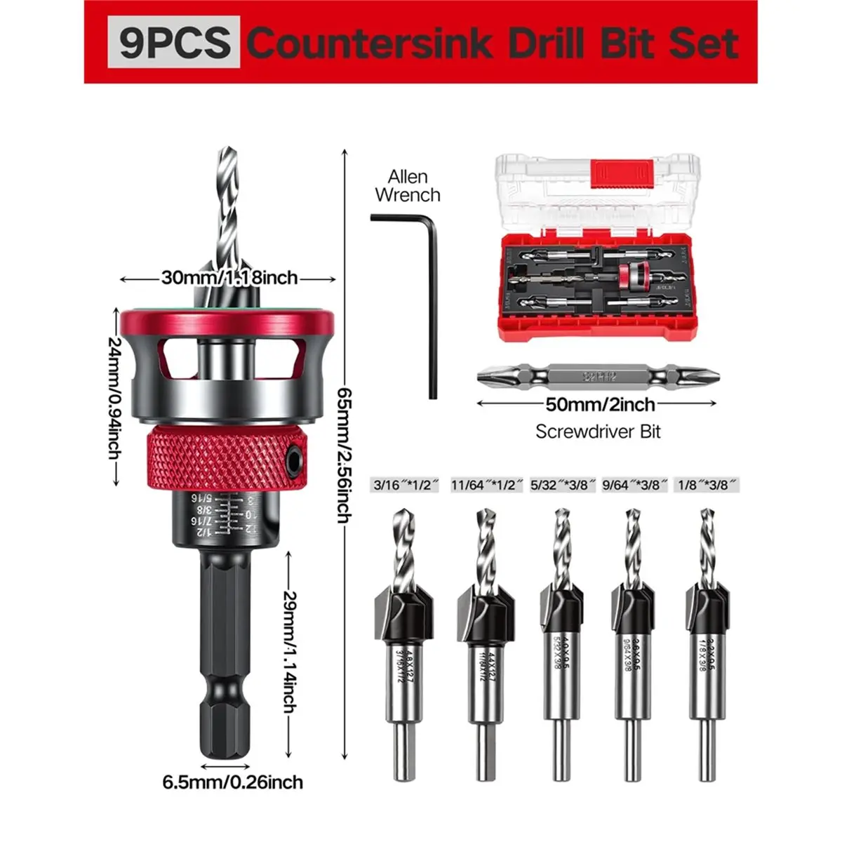 Countersink Drill Bits Set,5PCS Two-Flute Alloy Tapered Drill Bits and Adjustable Depth Stop Collar,Wood Countersink Bit