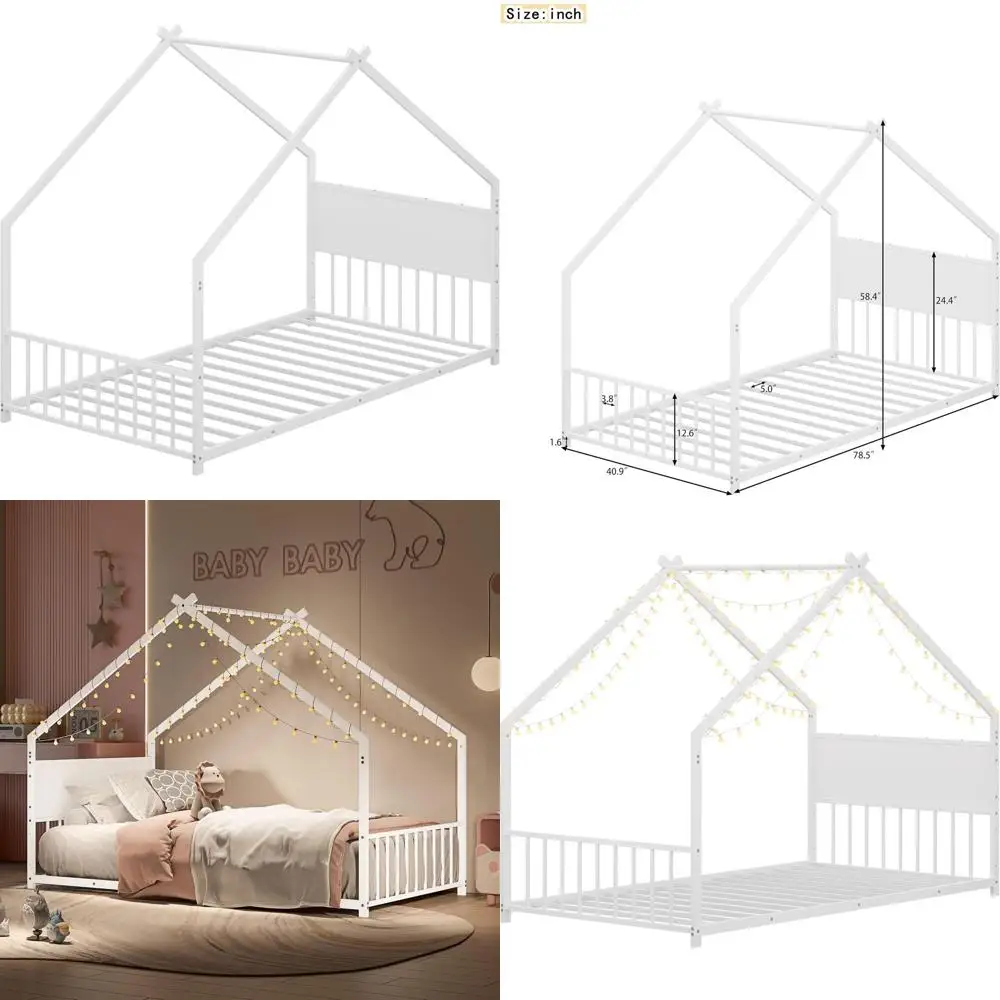 

Twin-Sized Montri Floor Bed with RGB Lighting, Twin-Sized Elevated Floor Bed with High Sides and Footboard, Twin Floor Bed with