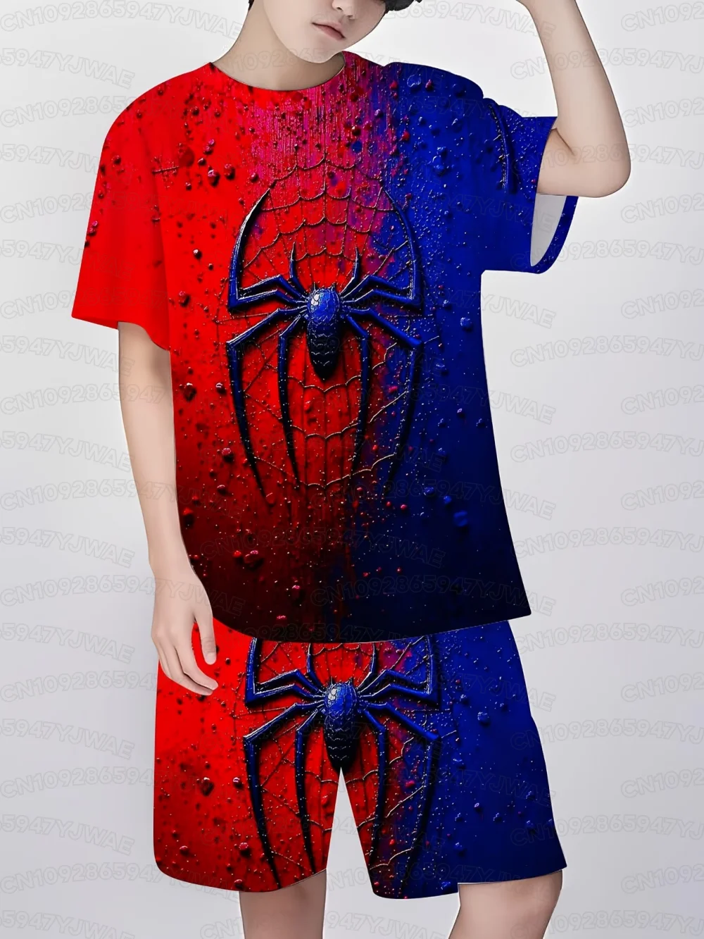 2026 Summer Boy's Girl's Women Men Summer Kids 2 Piece Set Special Football Jersey Shorts Set Spider Print T-shirt and Shorts