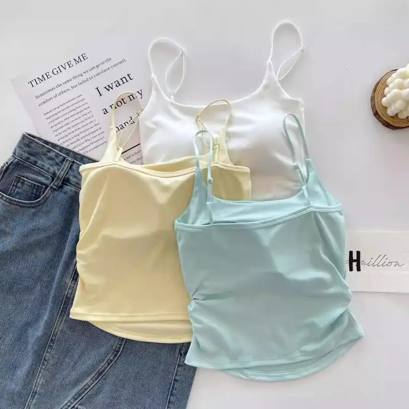 Colete feminino slim fit sem costas acolchoado alça espaguete camisola plissada espartilho regata curta