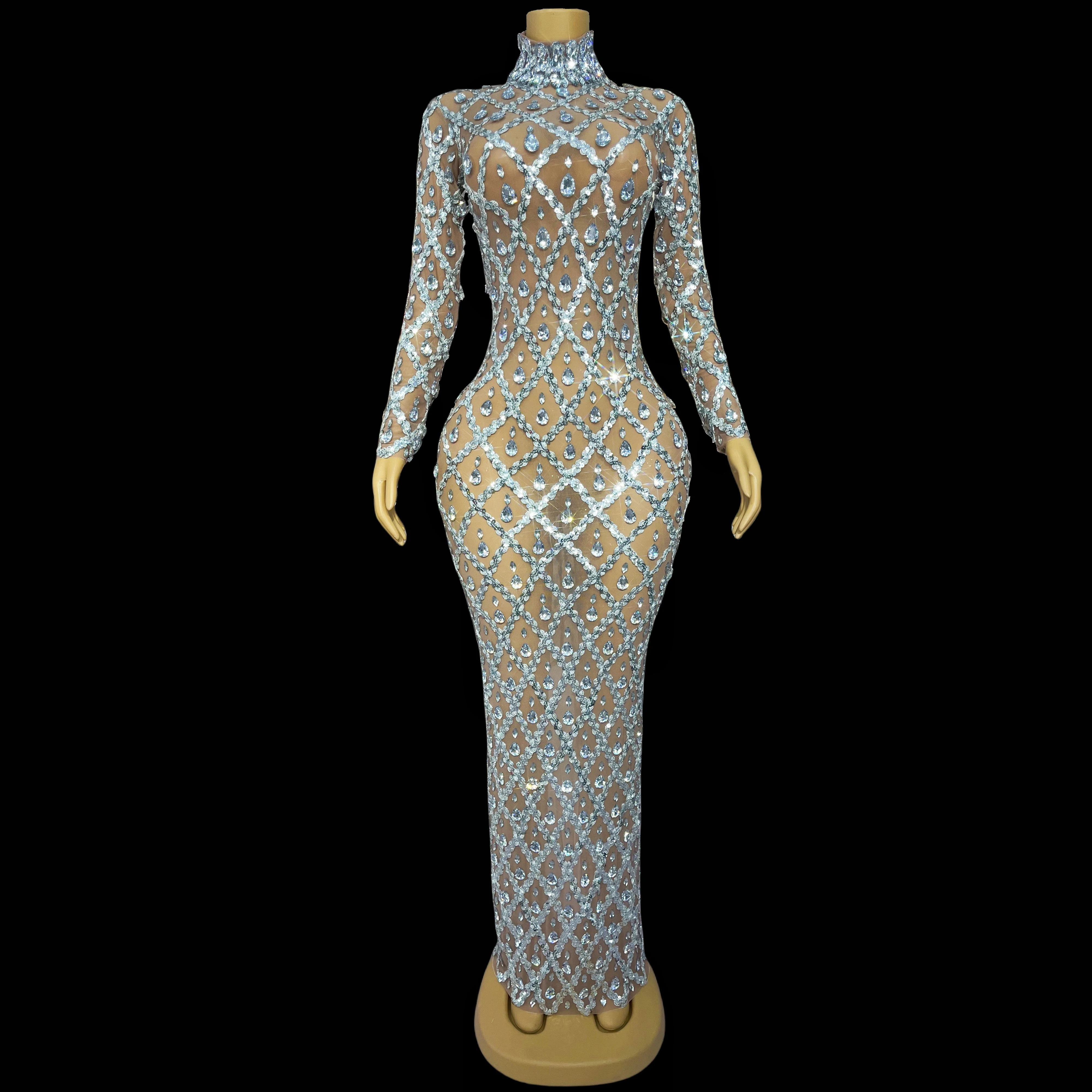 

Luxury sexy silver rhinestone long sleeve transparent long dress ladies evening red carpet dress show stage costumes Shaokaojia