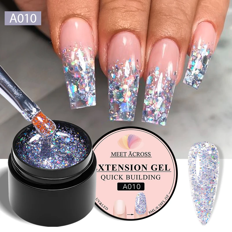 MEET ACROSS 8ml Sparkly Quick Extension Nail Gel Polish Glitter Soak Off Semi Permanent Builder Gel Nail Art DIY Manicure Vernis