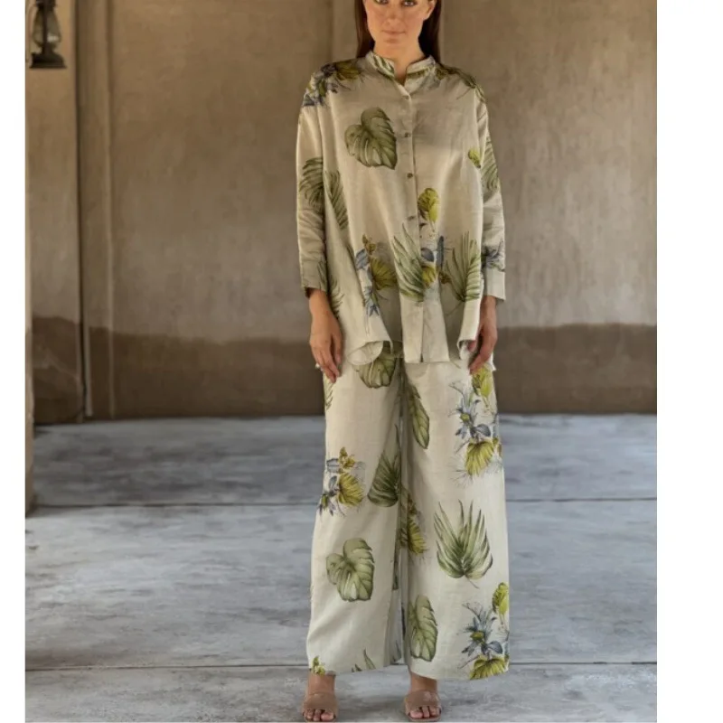 

2025 New Elegant Women Suit Spring Fashion Loose Plant Leaf Print Long Sleeve Shirt Top Straight Casual Pants Women Muslim Suit