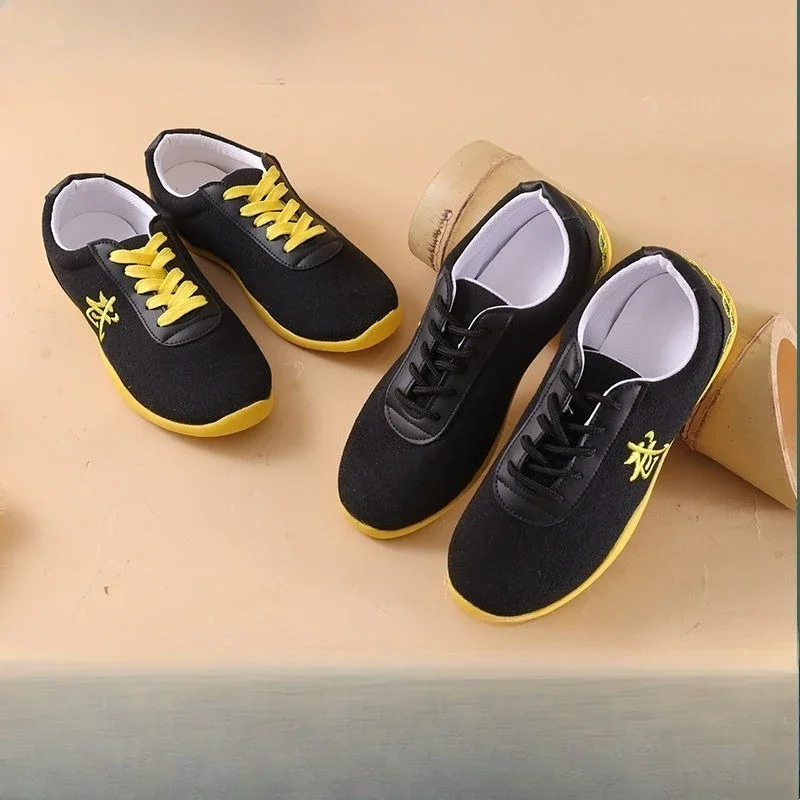 Men Women Sport Martial Arts Kung Fu Shoes Lace Up Kids Canvas Tai Chi Tennis White Black Ladies Wushu Rubber Tennis