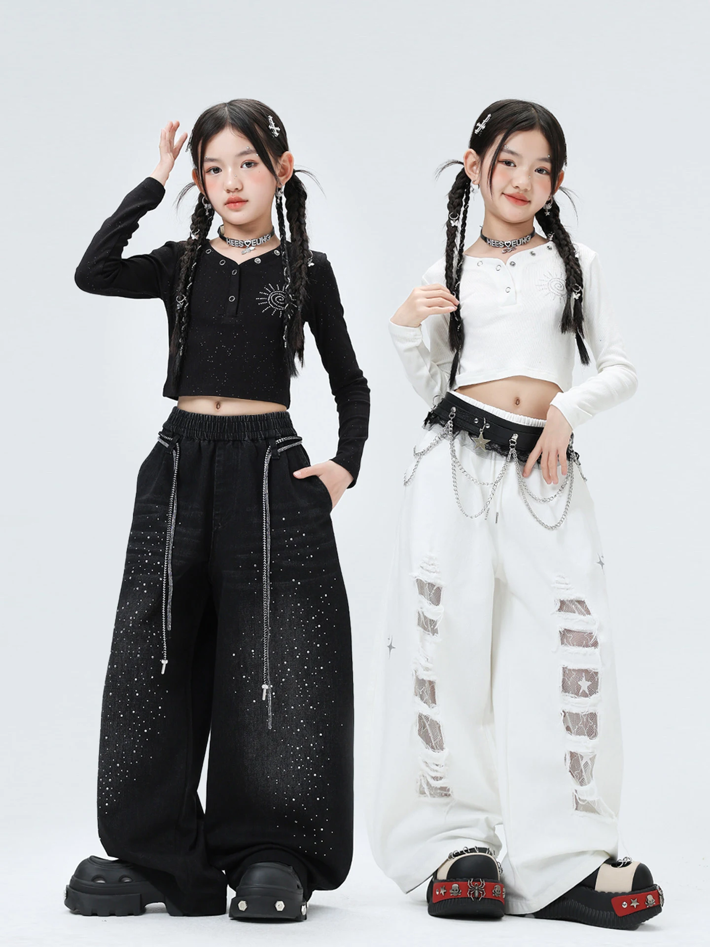 

Детские костюмы для бальных танцев и хип-хопа 2026: укороченные топы и свободные брюки для девочек, комплекты в стиле K-pop, одежда для джазовых выступлений DQS22290