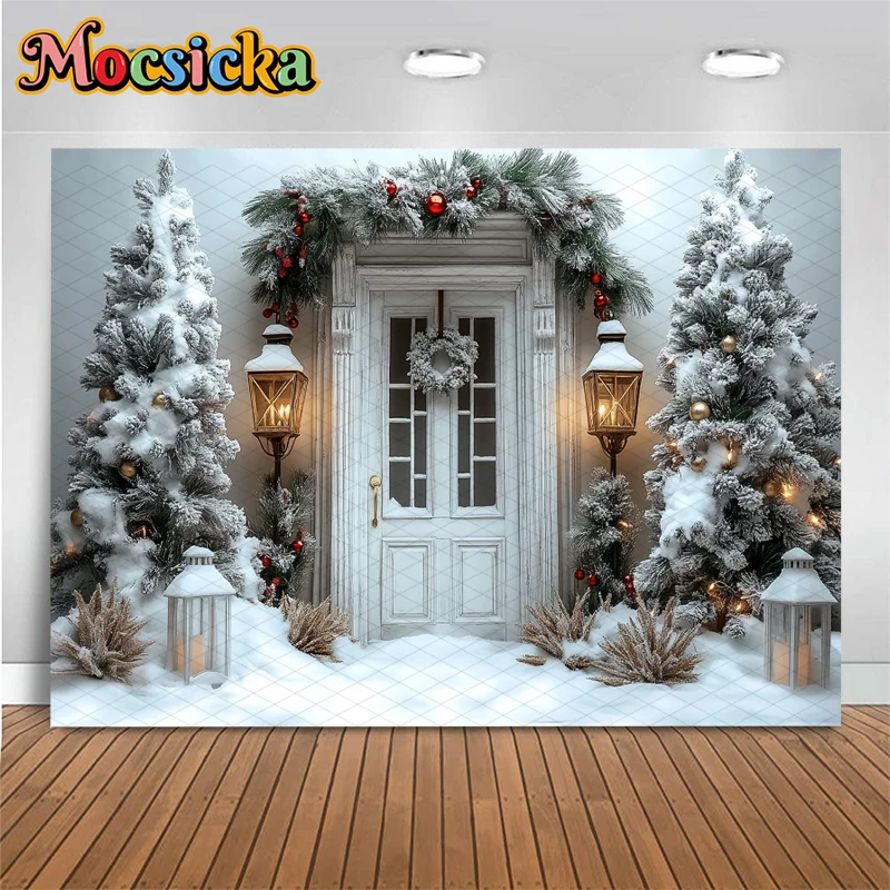 Mocsicka Christmas Background Photography Winter White Snow Door Xmas Tree Backdrops Party Shooting Props Decor Studio Photozone