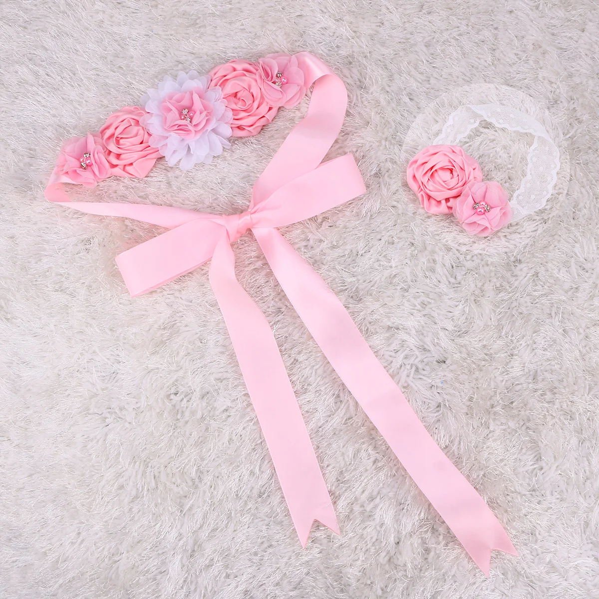 

2Pcs Rhinestone Pearl Flower Sash Belt Satin Ribbon Handmade Fabric Bloom Waistband for Bridal Party Maternity Photography Pink