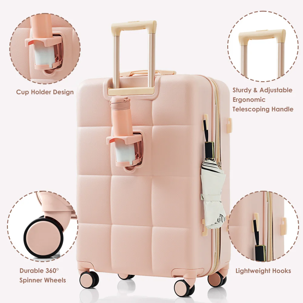 20-inch with USB Port Airline Certified Carry-on Luggage with Cup Holder ABS Hard Shell with Spinner Wheels pink Set of 3